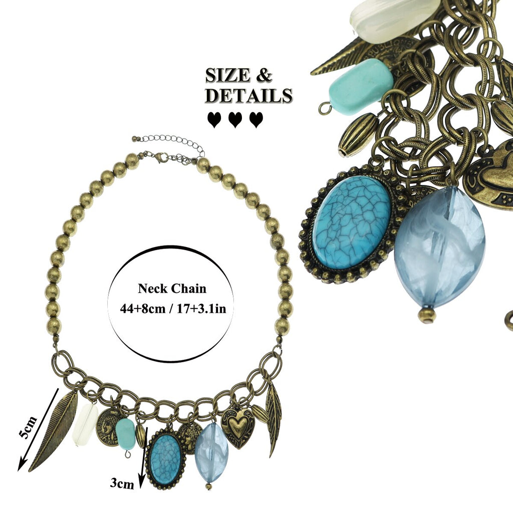 Tribal Boho Coin Feather Leaf Gem Stone Charms Heart Bib Collar Choker Necklace Wedding Bridal Vintage Statement Gift Graduation