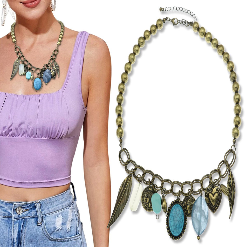 Tribal Boho Coin Feather Leaf Gem Stone Charms Heart Bib Collar Choker Necklace Wedding Bridal Vintage Statement Gift Graduation