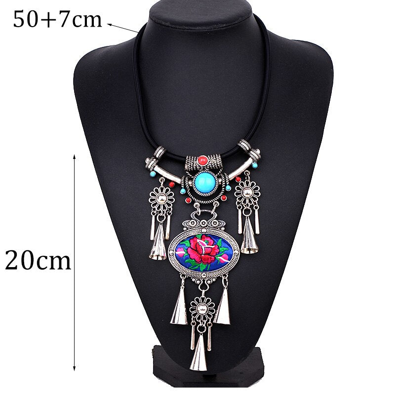 Tribal Ethnic Necklace For Women Embroidery Embroidered Big Flower Large Choker Statement Tibetan Silver Color Jewelry Bohemian