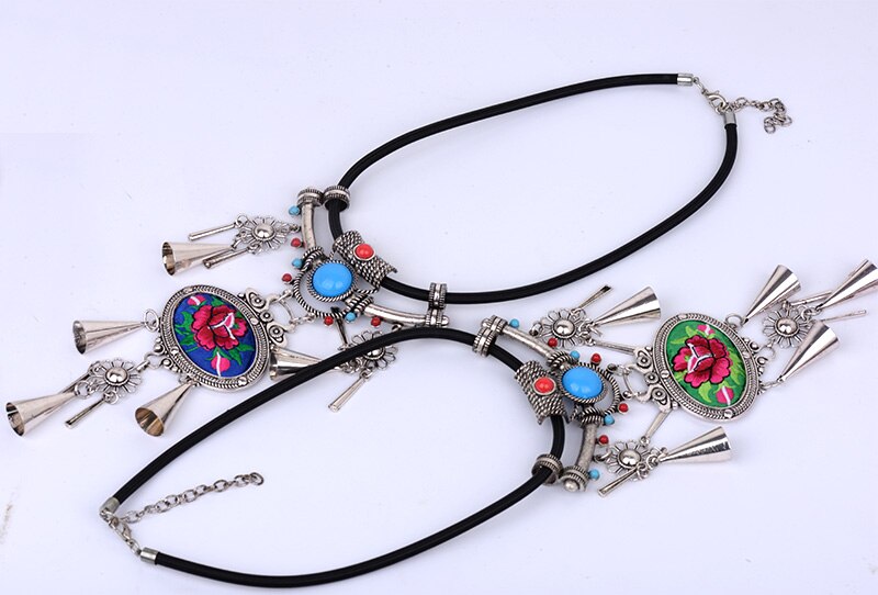 Tribal Ethnic Necklace For Women Embroidery Embroidered Big Flower Large Choker Statement Tibetan Silver Color Jewelry Bohemian