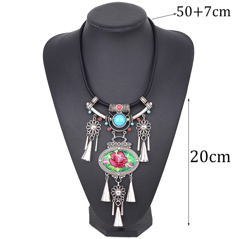 Tribal Ethnic Necklace For Women Embroidery Embroidered Big Flower Large Choker Statement Tibetan Silver Color Jewelry Bohemian