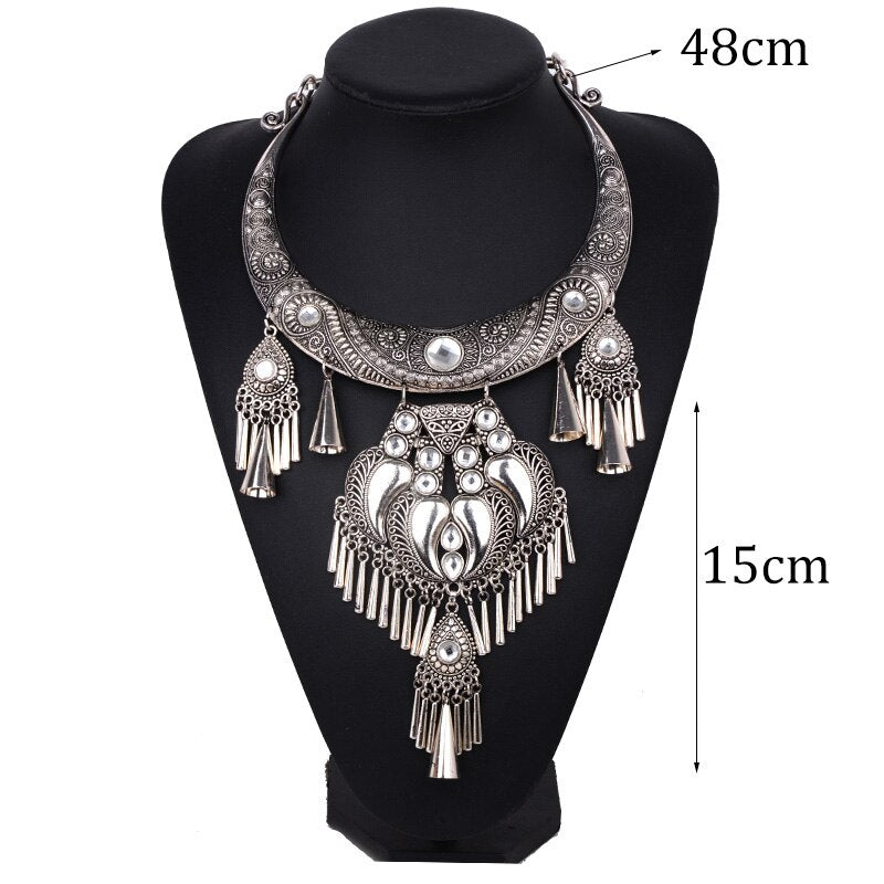 Tribal Ethnic Necklace For Women Embroidery Embroidered Big Flower Large Choker Statement Tibetan Silver Color Jewelry Bohemian