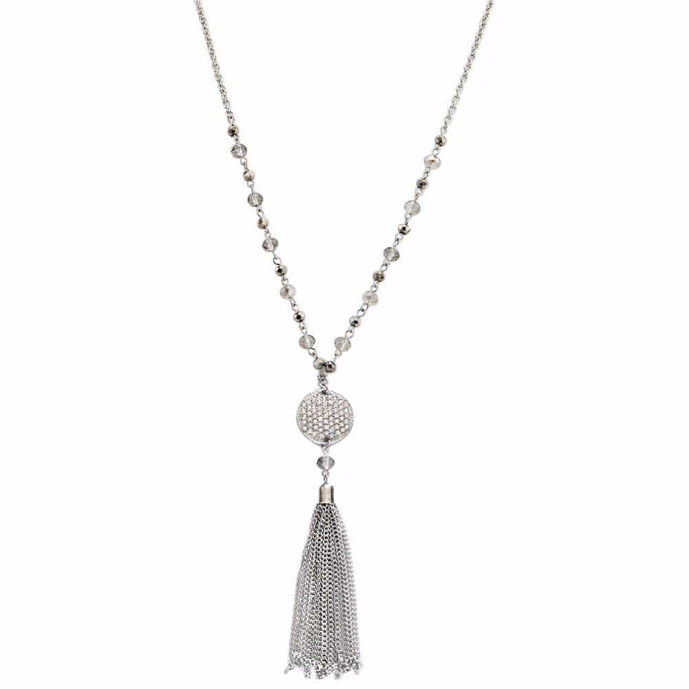 Silver Long Tassel Pendant Necklaces for Women Crystal Bead Alloy Chain Necklaces   Fashion Jewelry Gift