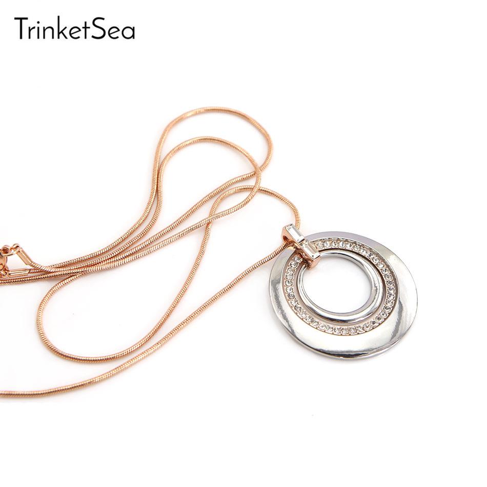 TrinketSea Trendy Crystal Pendant Necklaces For Women Rose Gold 3 Round Necklace Long Link Silver Chain 2020 Fashion Jewelry