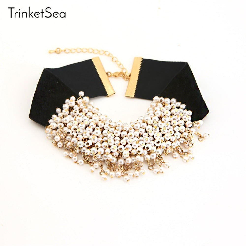 Women Pearls Choker Necklaces Fashion Jewelry New Arrival Trendy Luxury Black Soft Velvet Collar Chokers Necklace