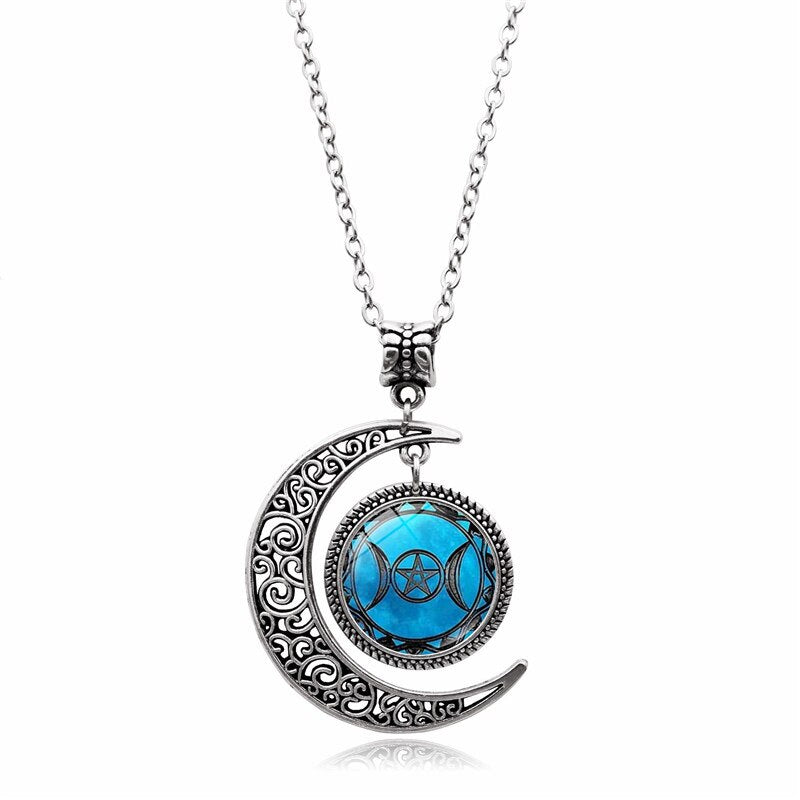 Triple Moon Goddess Necklace Wicca Pentagram Moon Pendant Long Chain Necklace Magic Amulet Protection Jewelry Custom Photo Gift