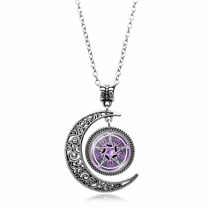 Triple Moon Goddess Necklace Wicca Pentagram Moon Pendant Long Chain Necklace Magic Amulet Protection Jewelry Custom Photo Gift