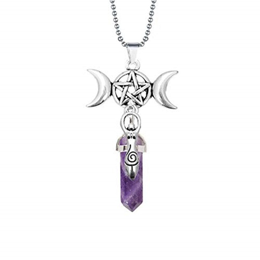 Triple Moon Goddess Quartz Hexagonal Pointed Pendant Necklace Reiki Chakra Pentagram Divination Wicca Amulet Protection Necklace