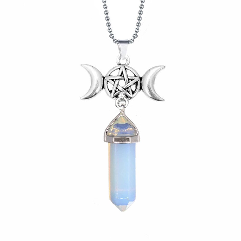 Triple Moon Goddess Quartz Hexagonal Pointed Pendant Necklace Reiki Chakra Pentagram Divination Wicca Amulet Protection Necklace