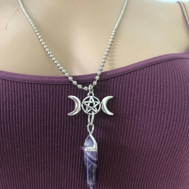 Triple Moon Goddess Quartz Hexagonal Pointed Pendant Necklace Reiki Chakra Pentagram Divination Wicca Amulet Protection Necklace