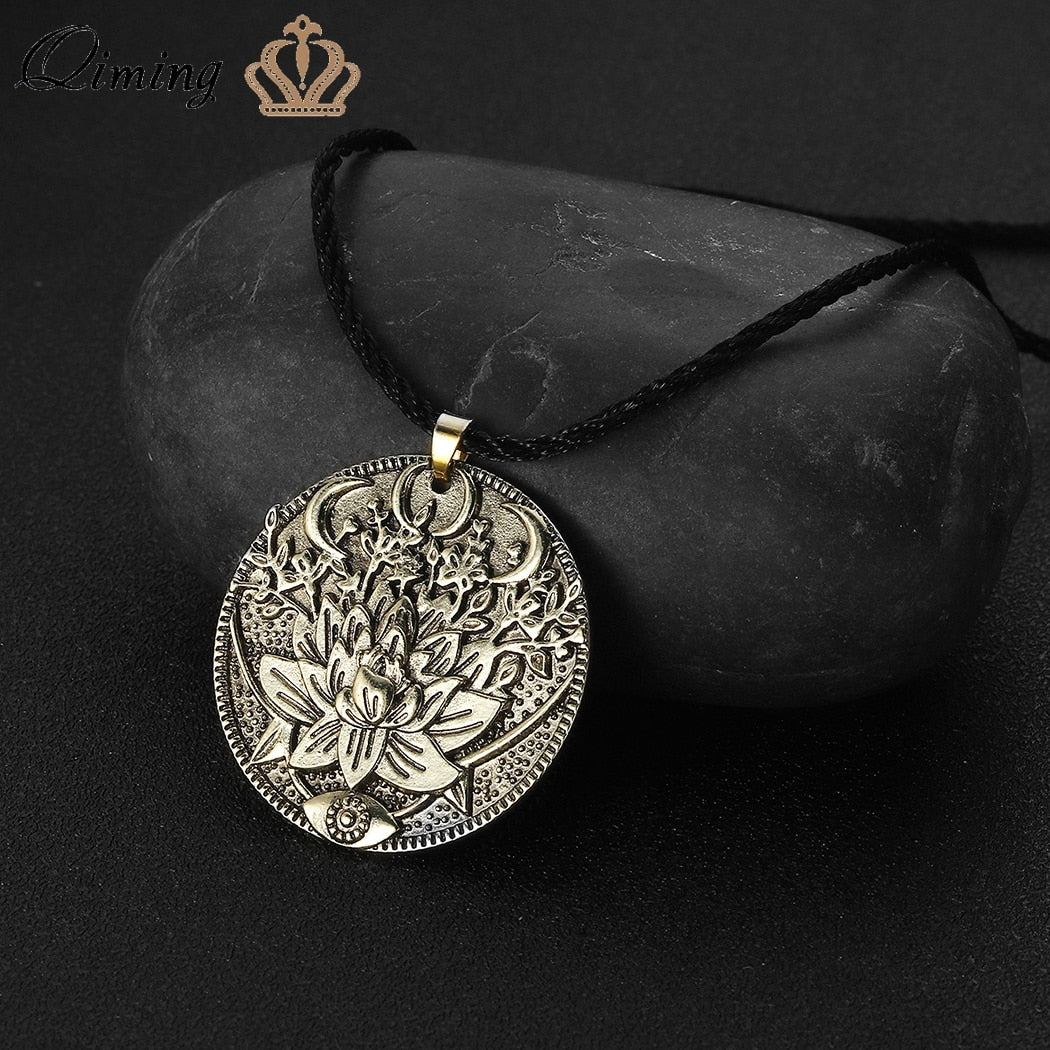 Triple Moon Goddess With A Lotus Flower Wiccan Evil Eye Necklace Women Men Engraved Witchcraft Amulet Talisman Jewelry Gift