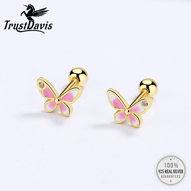 TrustDavis Real 925 Sterling Silver Sweet INS Butterfly Bear Screw Stud Earrings For Daughter Girls Fine Jewelry DG0013