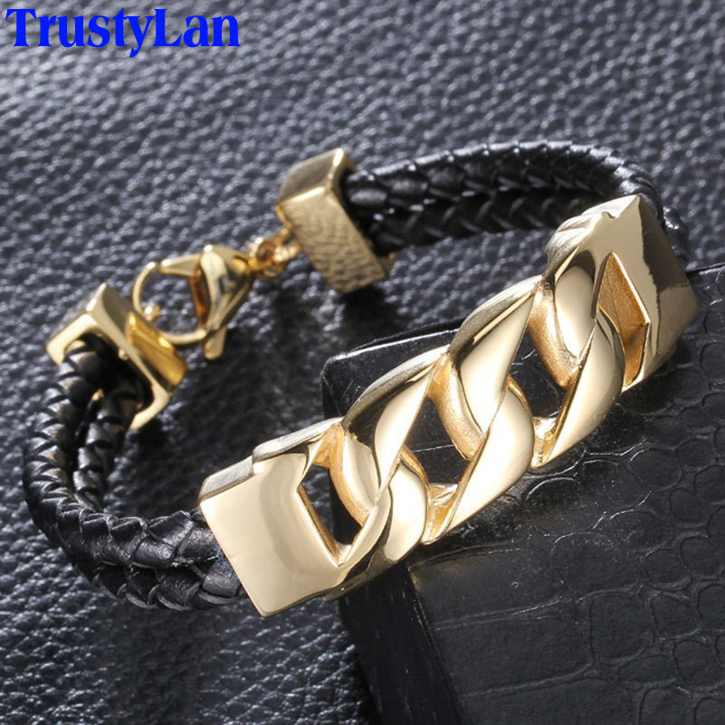 Black Genuine Leather Bracelet Men Gold Color Stainless Steel Men's Wrap Bracelets & Bangles 2020 Jewelry Brazaletes