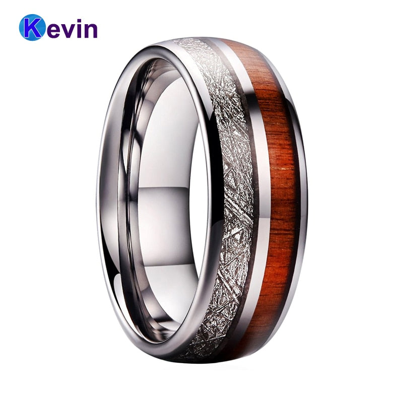 Tungsten Carbide Ring Men Women Wedding Band Domed With Wood And Meteorite Inlay