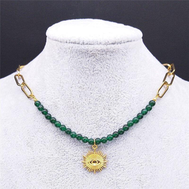 Turkey Eye Stainless Steel Natural Stone Necklaces Women/Men Gold Color Pendants Necklace Jewelry collier femme NK136S04