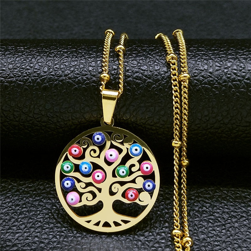 Turkey Eye Tree of Life Charm Necklaces Women Stainless Steel Gold Color Pendants Necklaces Muslim Islam Jewelry Gift N5218S01