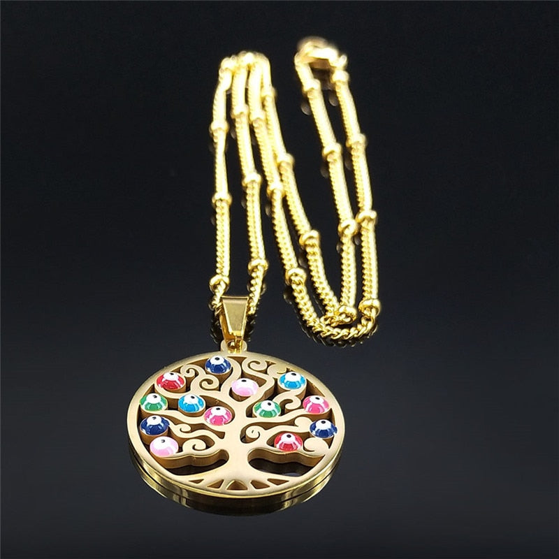 Turkey Eye Tree of Life Charm Necklaces Women Stainless Steel Gold Color Pendants Necklaces Muslim Islam Jewelry Gift N5218S01