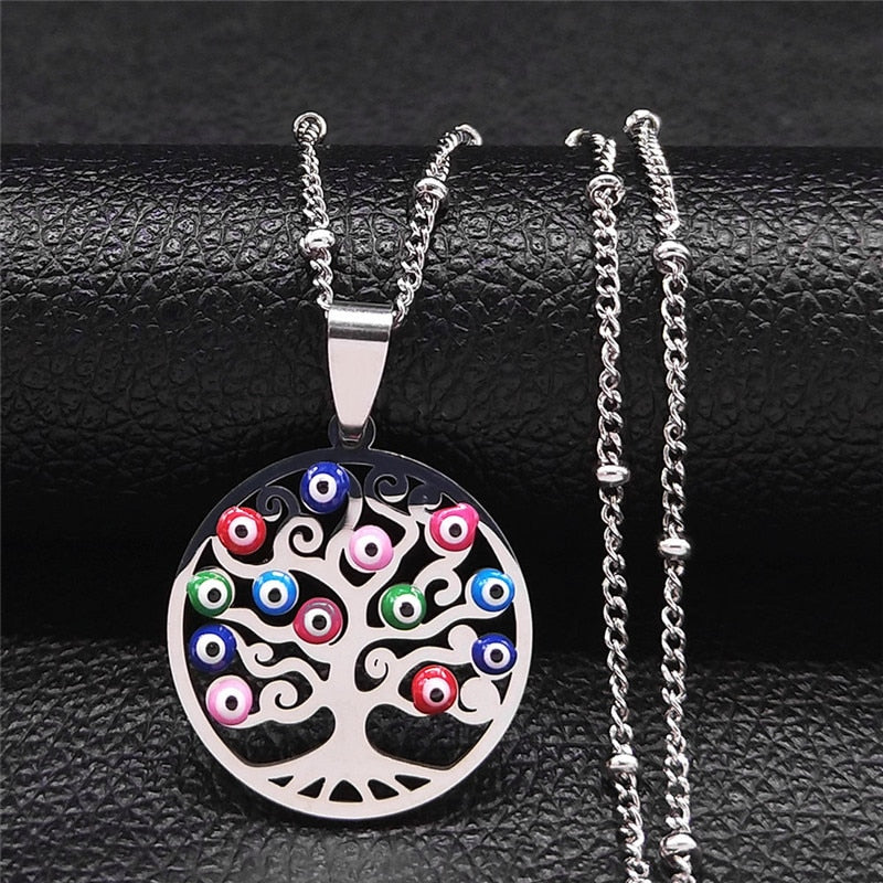 Turkey Eye Tree of Life Charm Necklaces Women Stainless Steel Gold Color Pendants Necklaces Muslim Islam Jewelry Gift N5218S01