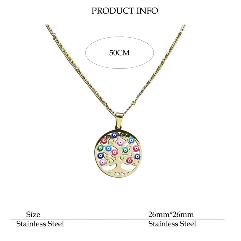 Turkey Eye Tree of Life Charm Necklaces Women Stainless Steel Gold Color Pendants Necklaces Muslim Islam Jewelry Gift N5218S01