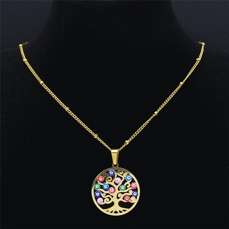 Turkey Eye Tree of Life Charm Necklaces Women Stainless Steel Gold Color Pendants Necklaces Muslim Islam Jewelry Gift N5218S01
