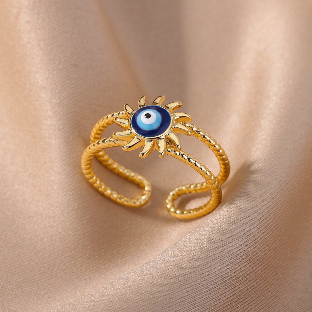 Turkish Blue Evil Eye Rings for Women Open Adjustable Stainless Steel Ring Vintage Lucky Aesthetic Wedding Jewelry anillos mujer