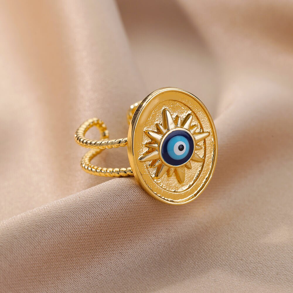 Turkish Blue Evil Eye Rings for Women Open Adjustable Stainless Steel Ring Vintage Lucky Aesthetic Wedding Jewelry anillos mujer