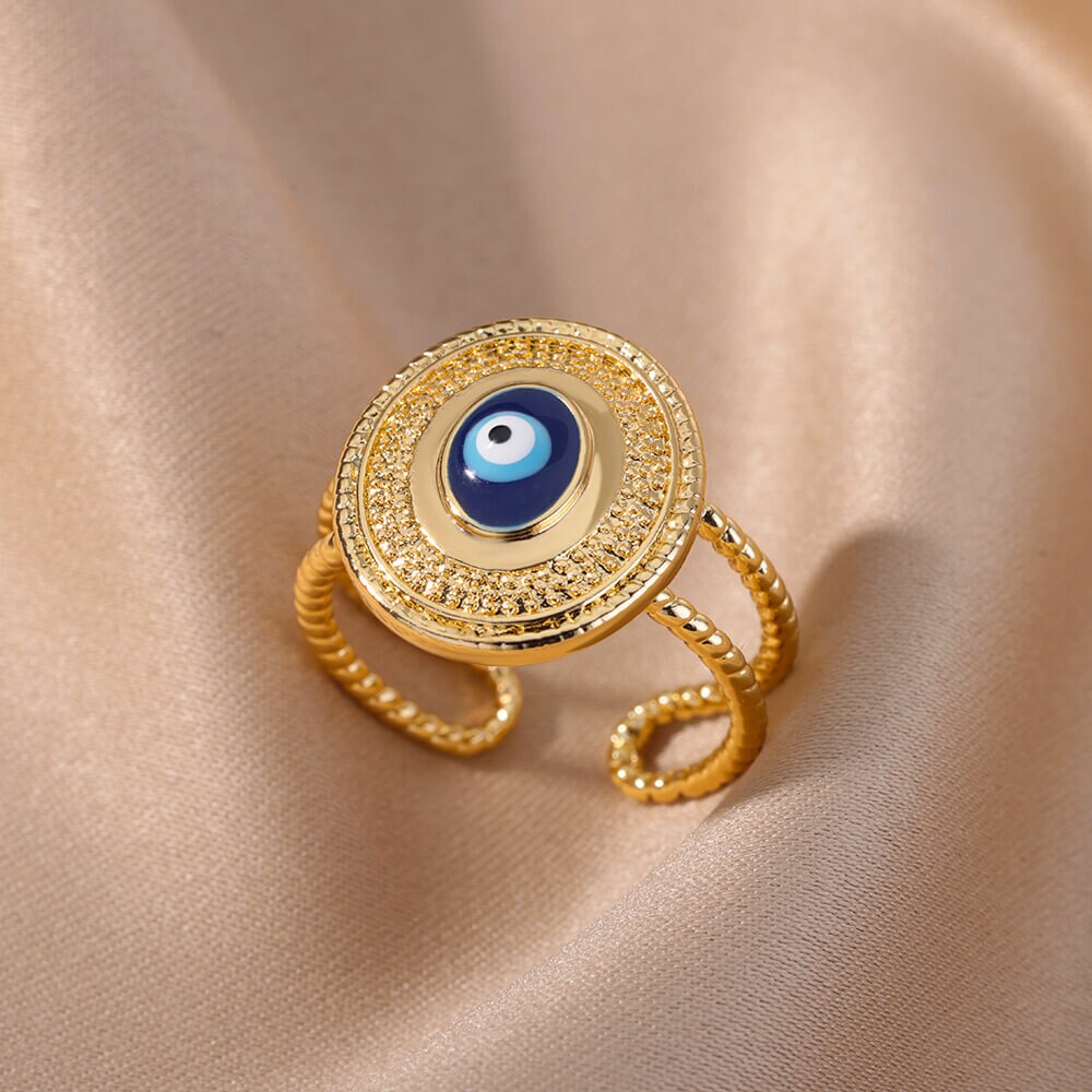 Turkish Blue Evil Eye Rings for Women Open Adjustable Stainless Steel Ring Vintage Lucky Aesthetic Wedding Jewelry anillos mujer