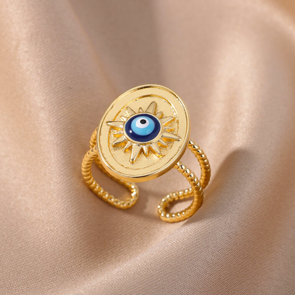 Turkish Blue Evil Eye Rings for Women Open Adjustable Stainless Steel Ring Vintage Lucky Aesthetic Wedding Jewelry anillos mujer