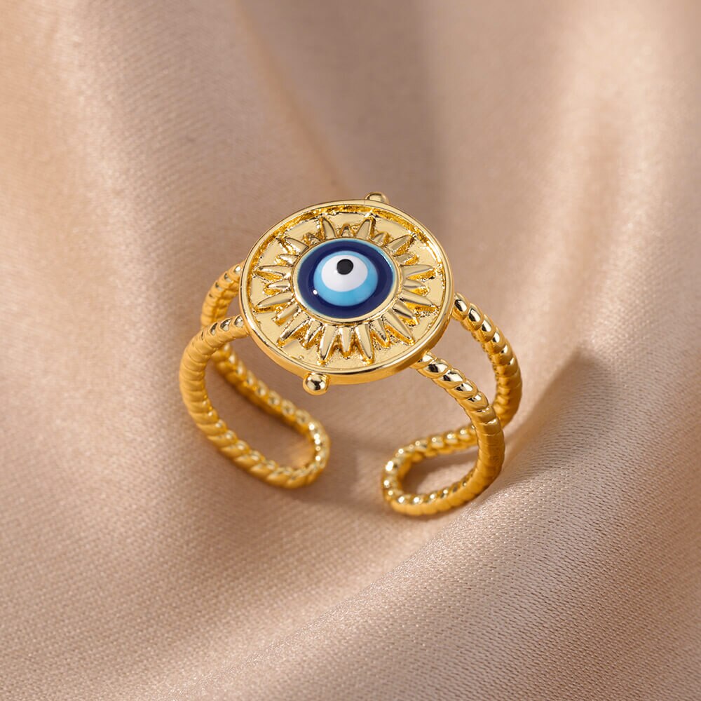 Turkish Blue Evil Eye Rings for Women Open Adjustable Stainless Steel Ring Vintage Lucky Aesthetic Wedding Jewelry anillos mujer