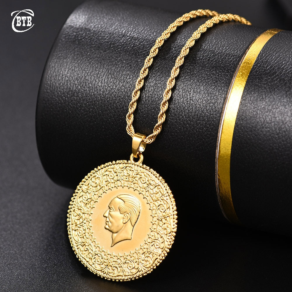 Turkish Coins Jewelry Ethnic Gifts Three Size Muslim Islam Turkey Ataturk Pendant Allah Arab Necklaces for Women Gold Color
