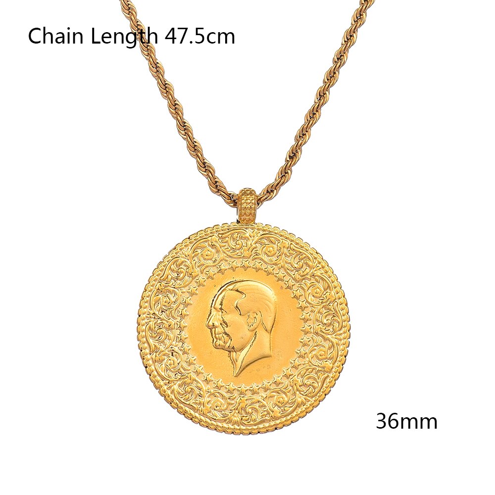 Turkish Coins Jewelry Ethnic Gifts Three Size Muslim Islam Turkey Ataturk Pendant Allah Arab Necklaces for Women Gold Color