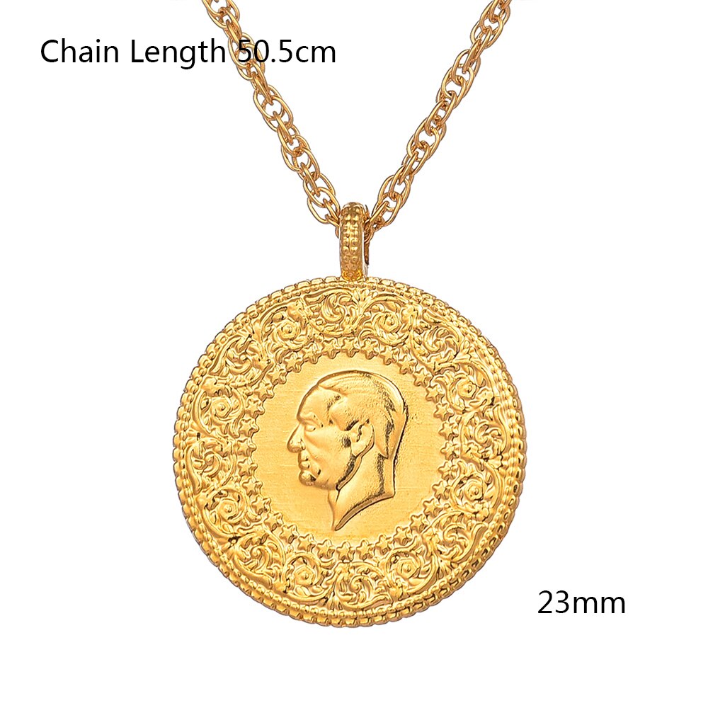Turkish Coins Jewelry Ethnic Gifts Three Size Muslim Islam Turkey Ataturk Pendant Allah Arab Necklaces for Women Gold Color
