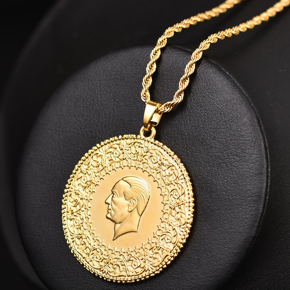 Turkish Coins Jewelry Ethnic Gifts Three Size Muslim Islam Turkey Ataturk Pendant Allah Arab Necklaces for Women Gold Color