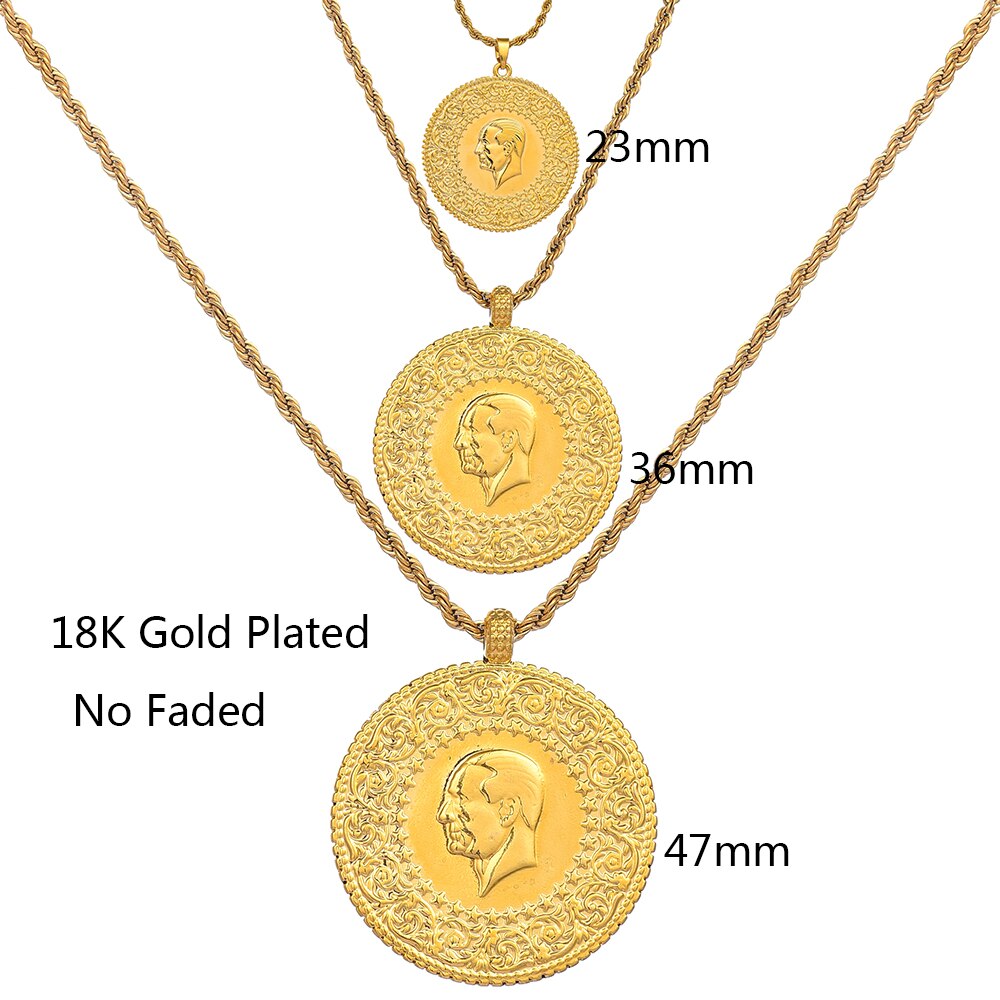 Turkish Coins Jewelry Ethnic Gifts Three Size Muslim Islam Turkey Ataturk Pendant Allah Arab Necklaces for Women Gold Color