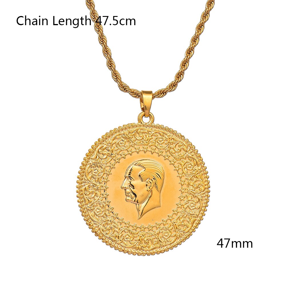 Turkish Coins Jewelry Ethnic Gifts Three Size Muslim Islam Turkey Ataturk Pendant Allah Arab Necklaces for Women Gold Color