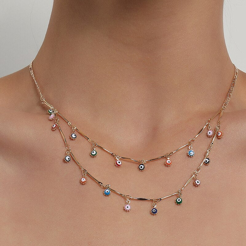 Turkish Evil Eye Necklace For Women Lucky Jewelry Heart Starfish Flower Pendant Clavicle Chain Choker Female Gift