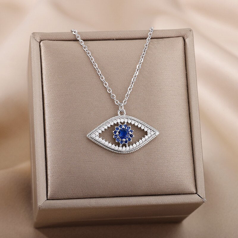 Turkish Evil Eye Pendant Necklace for Women Stainless Steel Gold Color Necklaces 2023 Trend Choker Lucky Aesthetic Jewelry femme