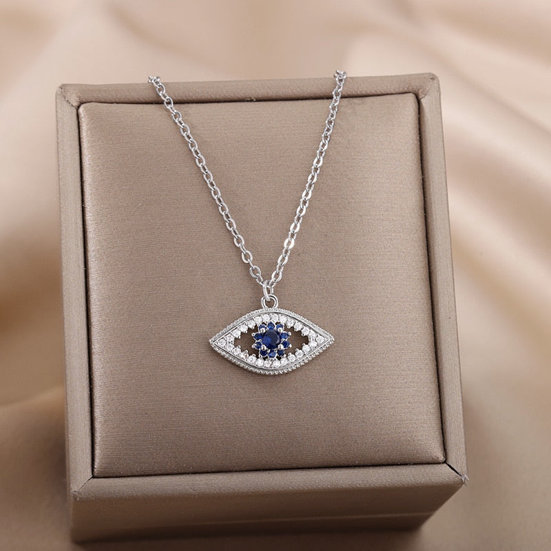 Turkish Evil Eye Pendant Necklace for Women Stainless Steel Gold Color Necklaces 2023 Trend Choker Lucky Aesthetic Jewelry femme