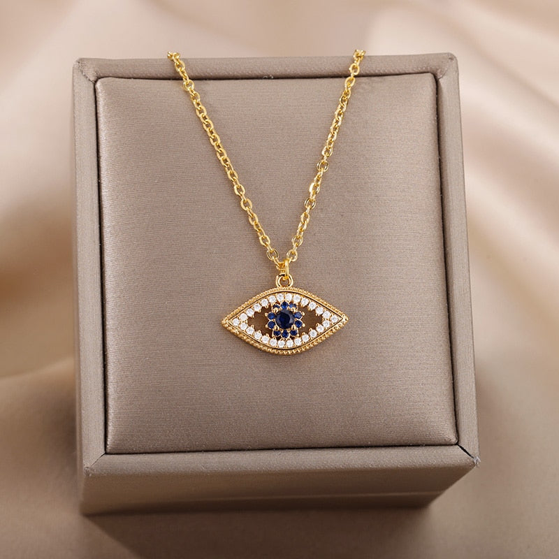 Turkish Evil Eye Pendant Necklace for Women Stainless Steel Gold Color Necklaces 2023 Trend Choker Lucky Aesthetic Jewelry femme