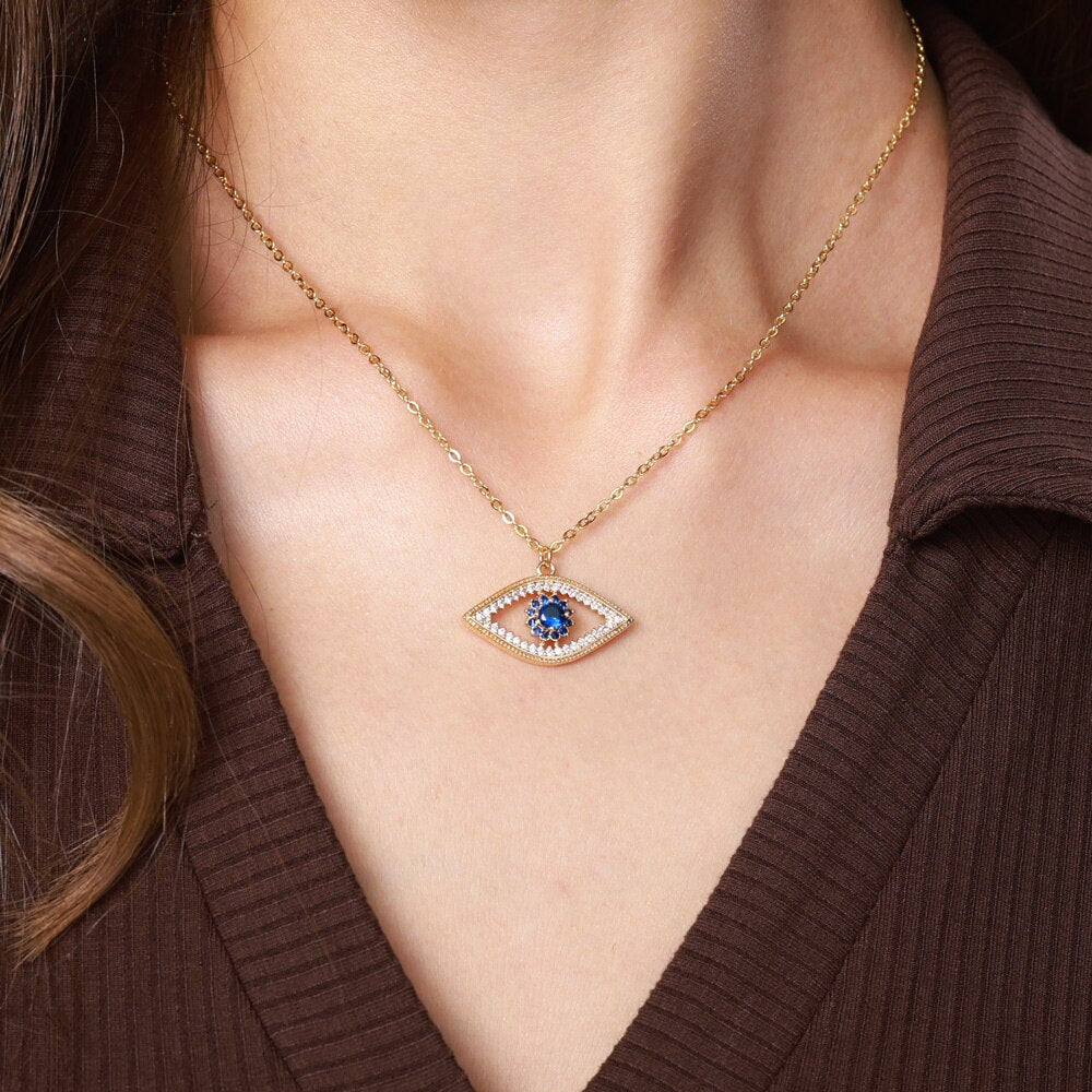 Turkish Evil Eye Pendant Necklace for Women Stainless Steel Gold Color Necklaces 2023 Trend Choker Lucky Aesthetic Jewelry femme