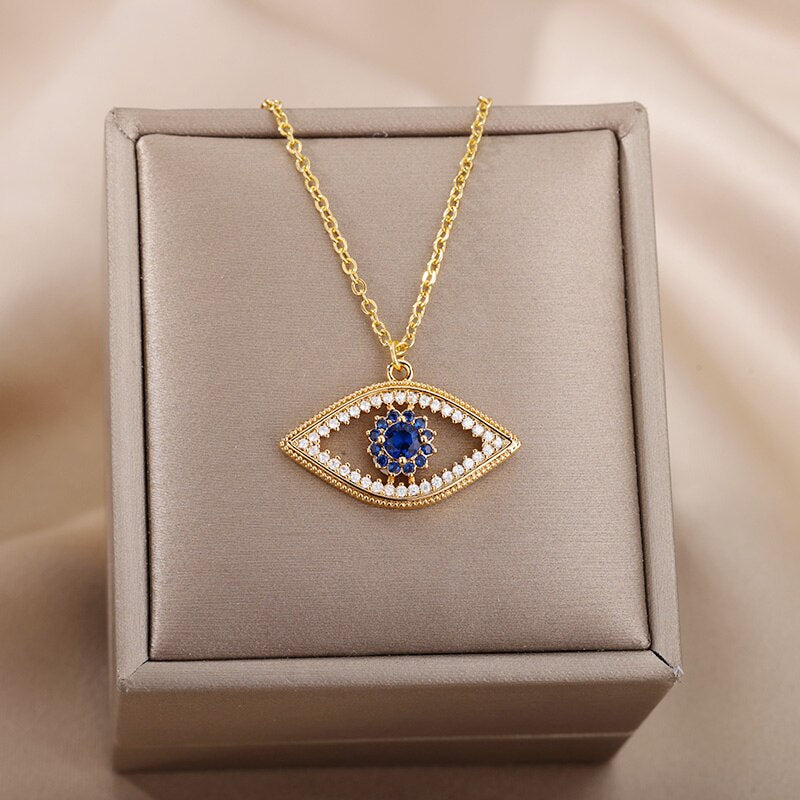 Turkish Evil Eye Pendant Necklace for Women Stainless Steel Gold Color Necklaces 2023 Trend Choker Lucky Aesthetic Jewelry femme
