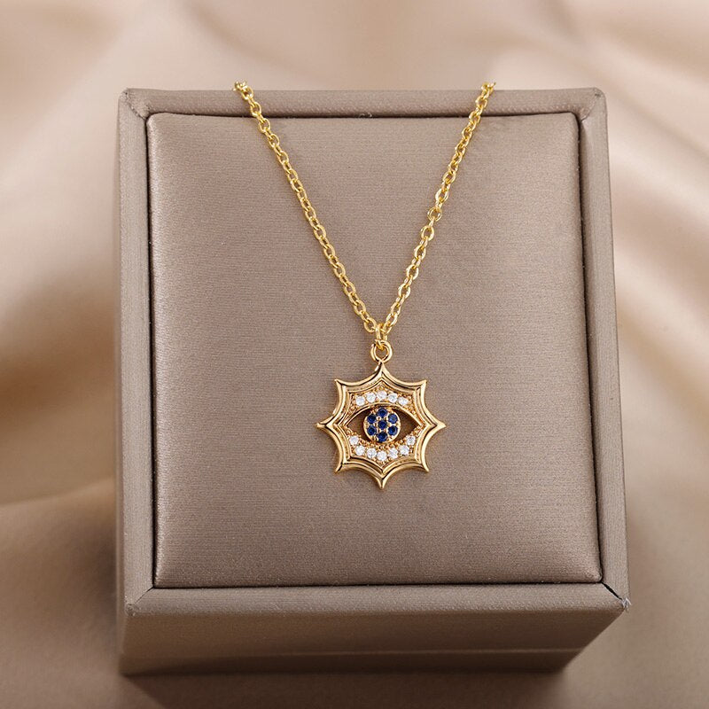 Turkish Evil Eye Pendant Necklace for Women Stainless Steel Gold Color Necklaces 2023 Trend Choker Lucky Aesthetic Jewelry femme