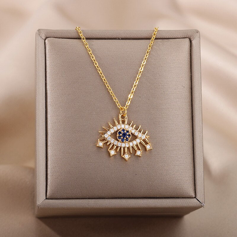 Turkish Evil Eye Pendant Necklace for Women Stainless Steel Gold Color Necklaces 2023 Trend Choker Lucky Aesthetic Jewelry femme