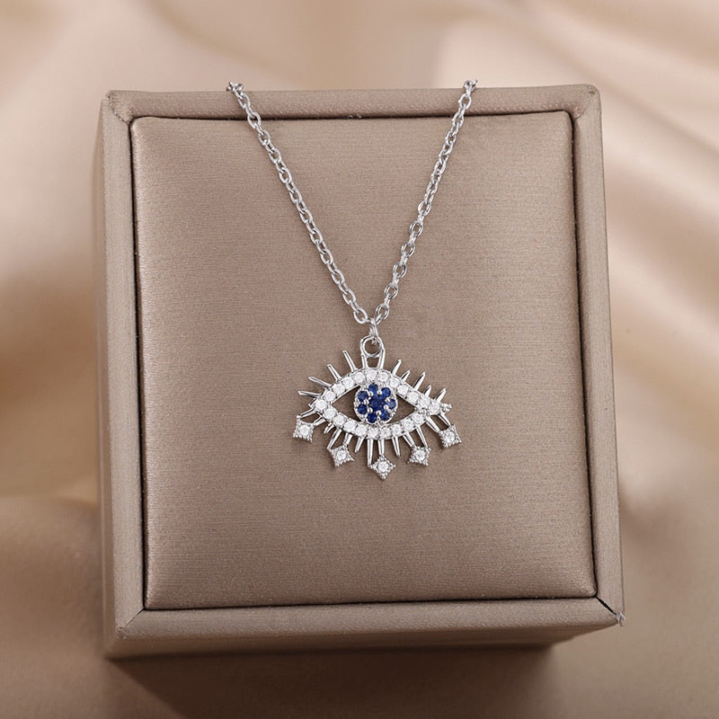 Turkish Evil Eye Pendant Necklace for Women Stainless Steel Gold Color Necklaces 2023 Trend Choker Lucky Aesthetic Jewelry femme