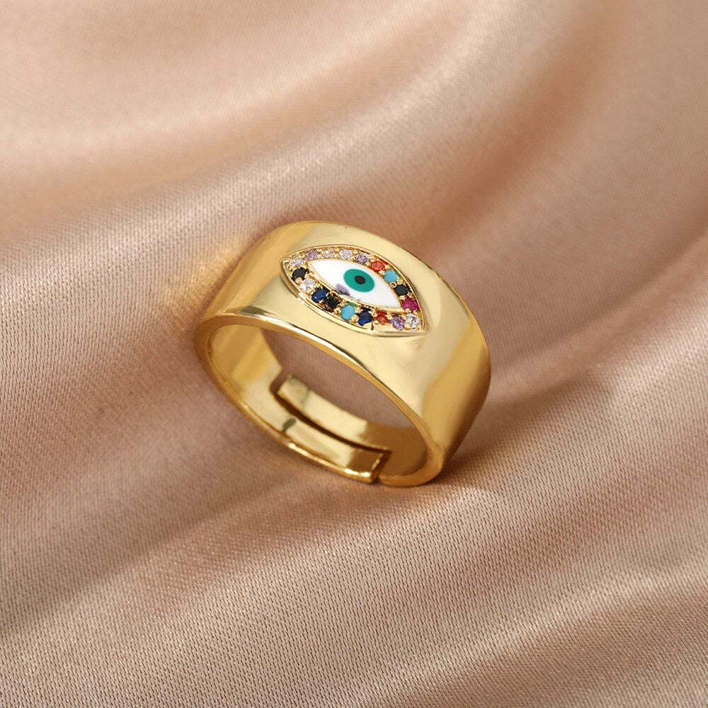 Turkish Evil Eye Rings For Women Open Adjustable Stainless Steel Cubic Zirconia Gold Color Ring Wedding Couple Jewelry anillos