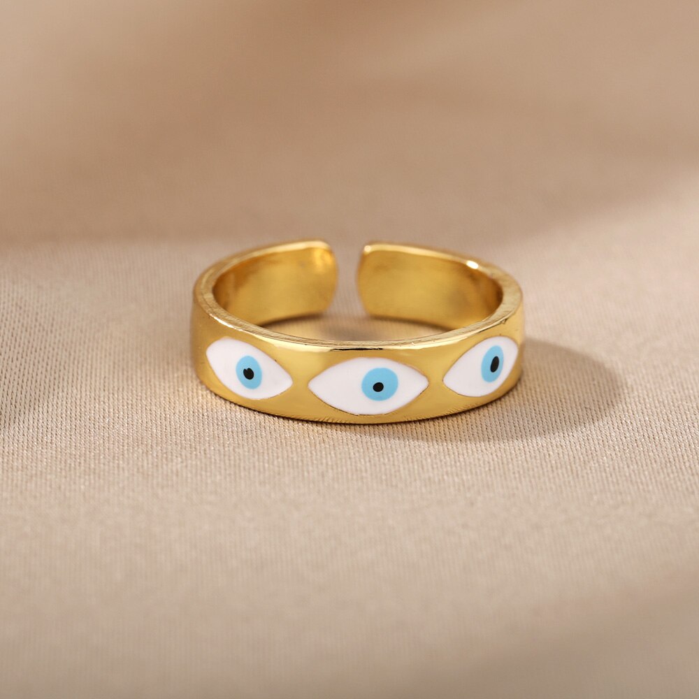 Turkish Evil Eye Rings For Women Open Adjustable Stainless Steel Cubic Zirconia Gold Color Ring Wedding Couple Jewelry anillos