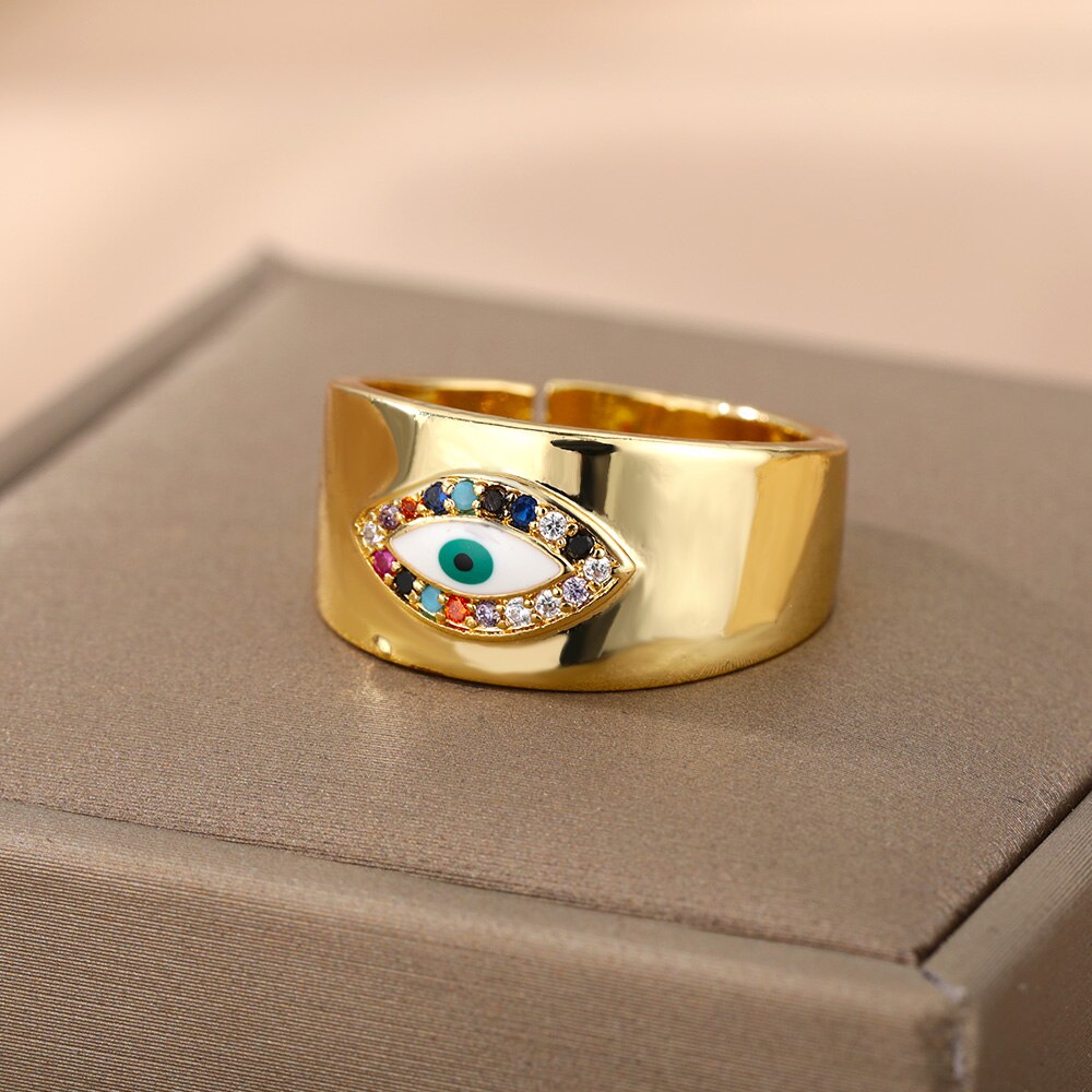 Turkish Evil Eye Rings For Women Open Adjustable Stainless Steel Cubic Zirconia Gold Color Ring Wedding Couple Jewelry anillos