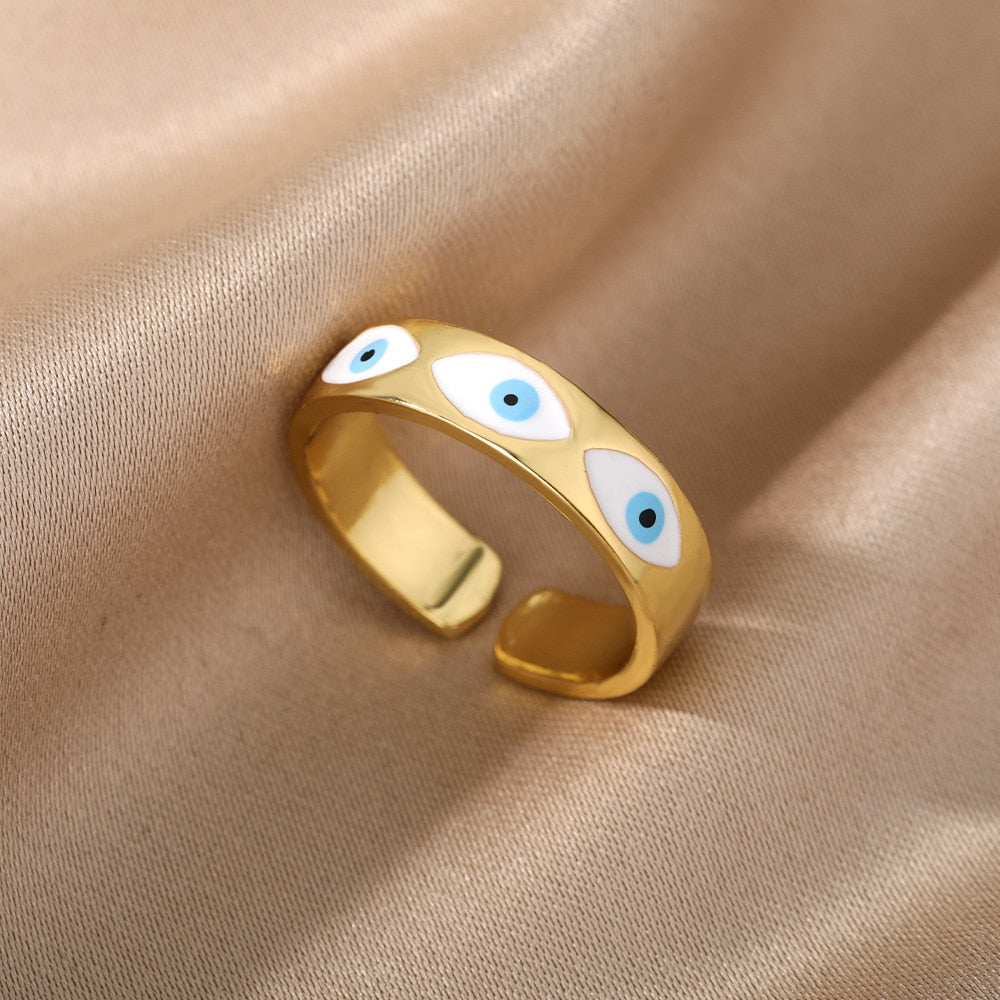 Turkish Evil Eye Rings For Women Open Adjustable Stainless Steel Cubic Zirconia Gold Color Ring Wedding Couple Jewelry anillos