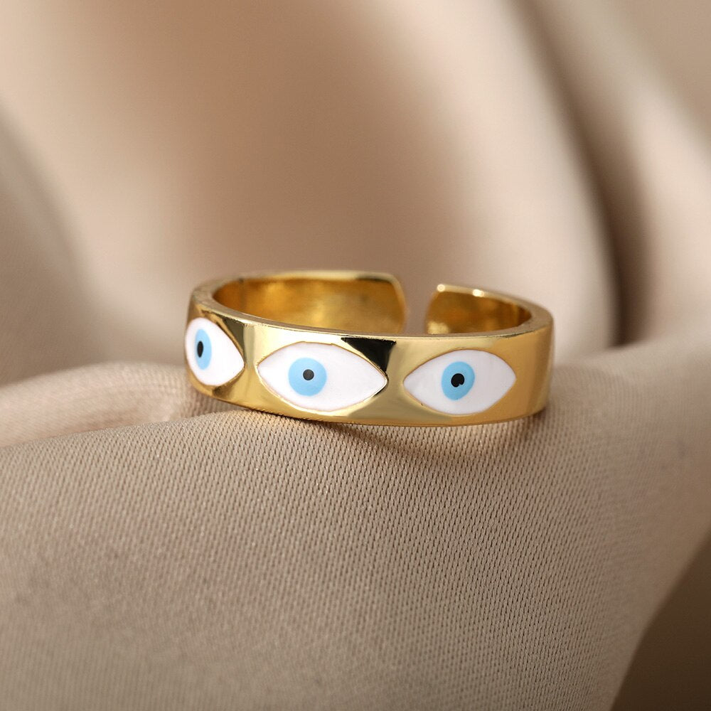 Turkish Evil Eye Rings For Women Open Adjustable Stainless Steel Cubic Zirconia Gold Color Ring Wedding Couple Jewelry anillos