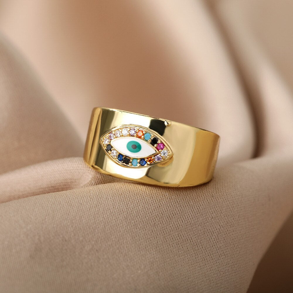 Turkish Evil Eye Rings For Women Open Adjustable Stainless Steel Cubic Zirconia Gold Color Ring Wedding Couple Jewelry anillos